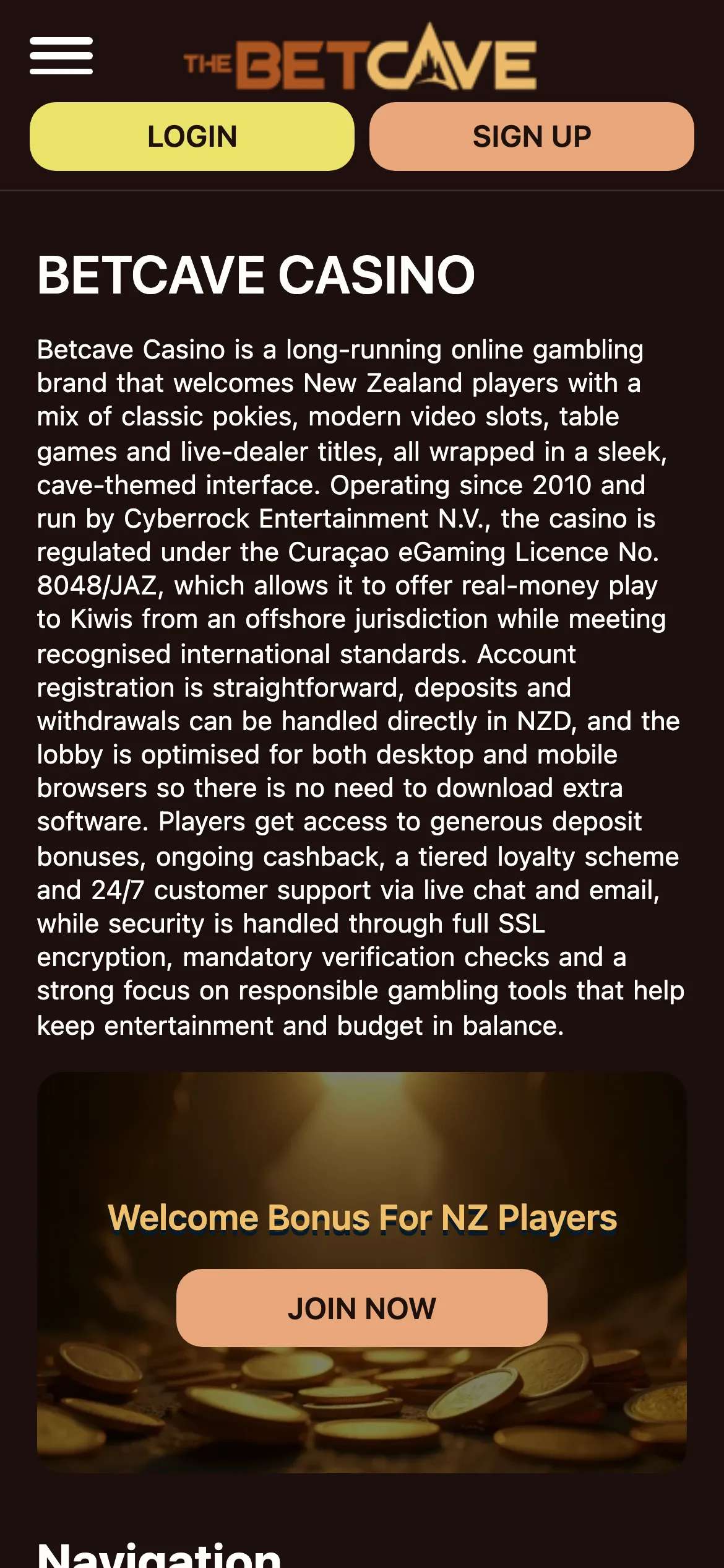 BetCave Casino mobile lobby screenshot